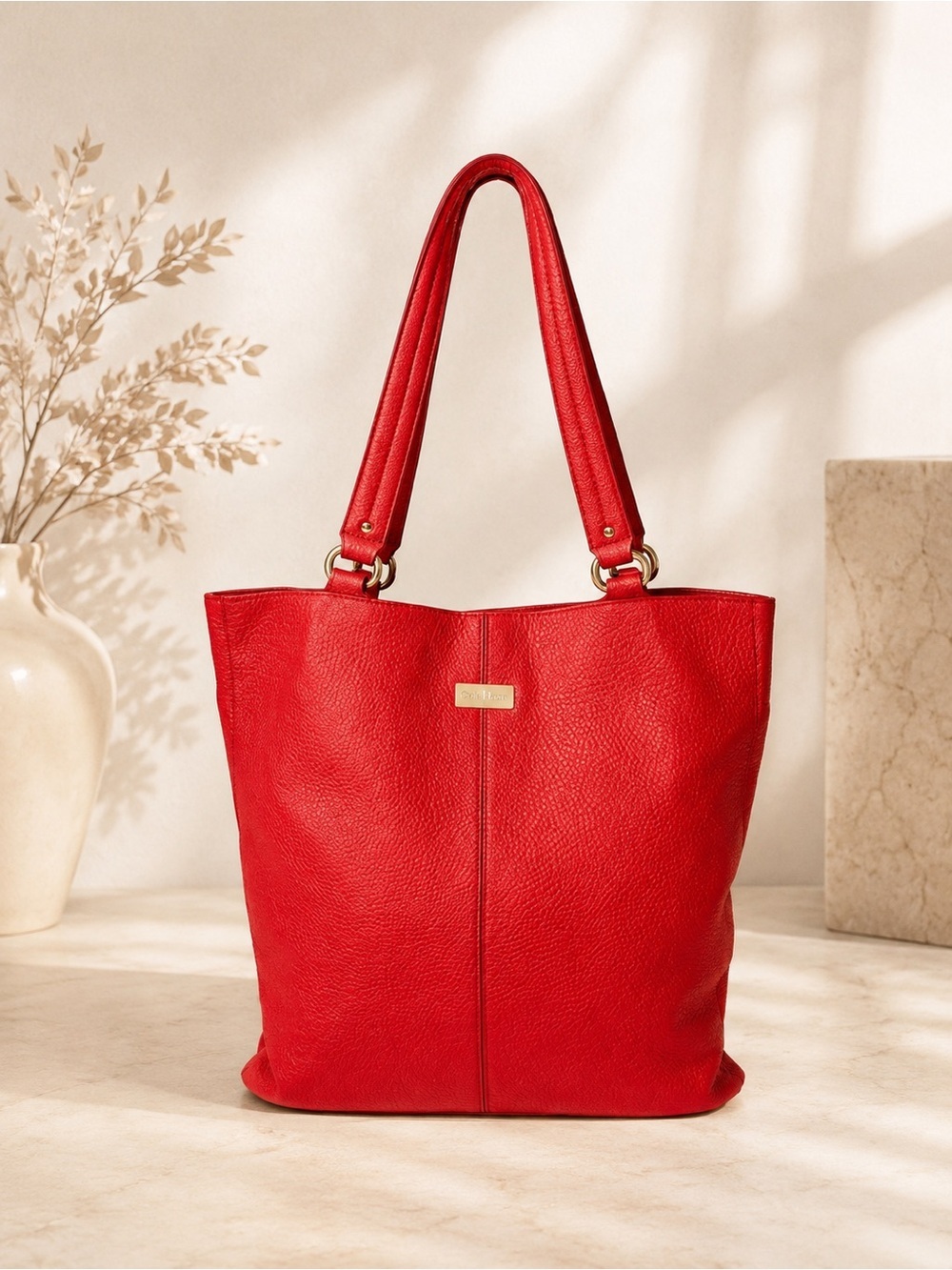 Cole Haan Red Pebbled Leather Tote Shoulder Bag Work Shopper Everyday Purse